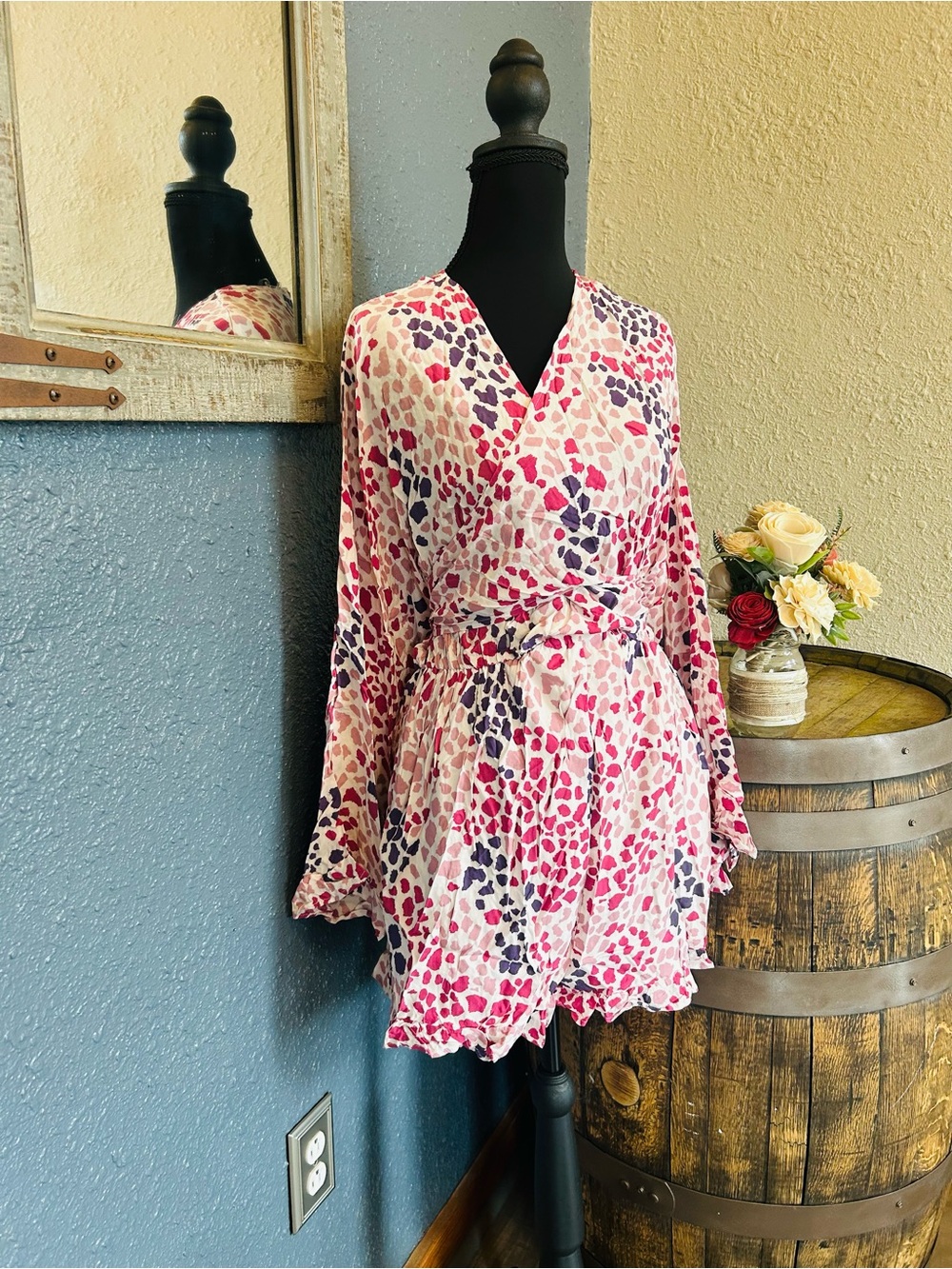 Floral Pink & Navy Surplice Romper with Waist Tie